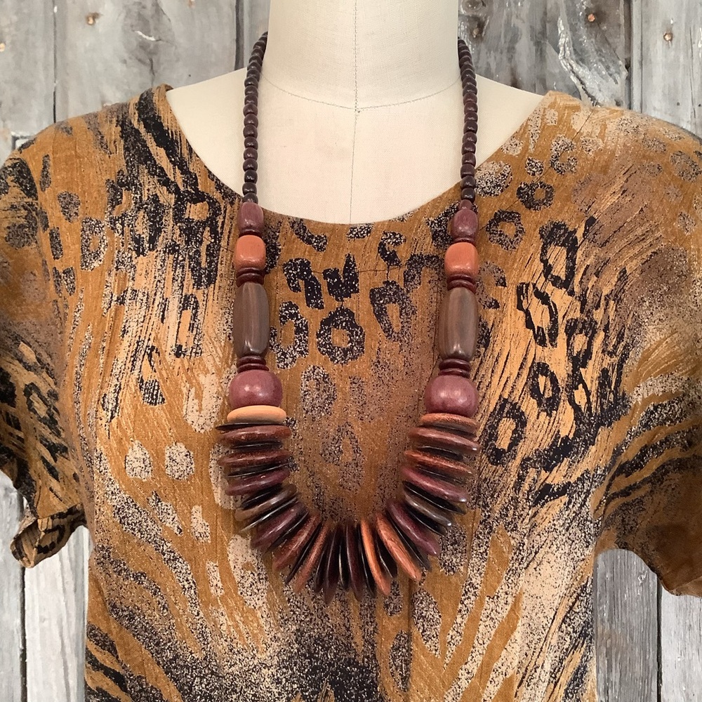 Vintage Chunky Wood Tribal Necklace BIG DISCS BEADS